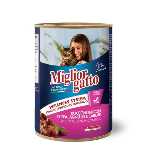 Migliorgatto Bocconcini Adult Cat Food Small Chunks With Tripe, Lamb And Carrots 405grms