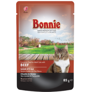 Bonnie Adult Cat Food Pouch – Beef Chunks in Gravy 85G