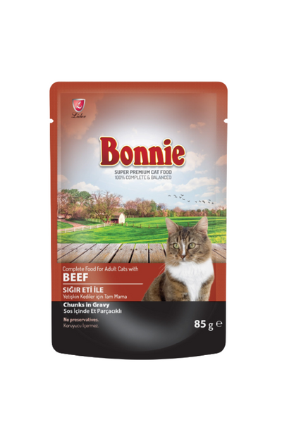 Bonnie Adult Cat Food Pouch – Beef Chunks in Gravy 85G