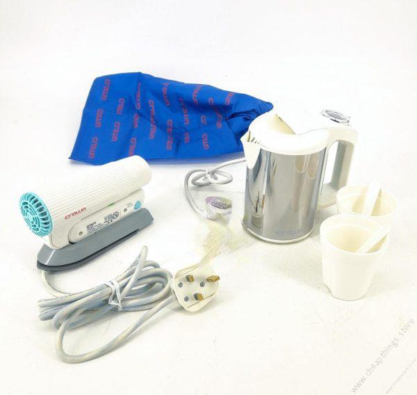 kettle with cup, iron, hair dryer travel combo trio kit gift set