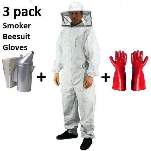 Bee Suit (white pvc) Overall + Head Gear + Pair of Gloves + Bee Smoker - Local