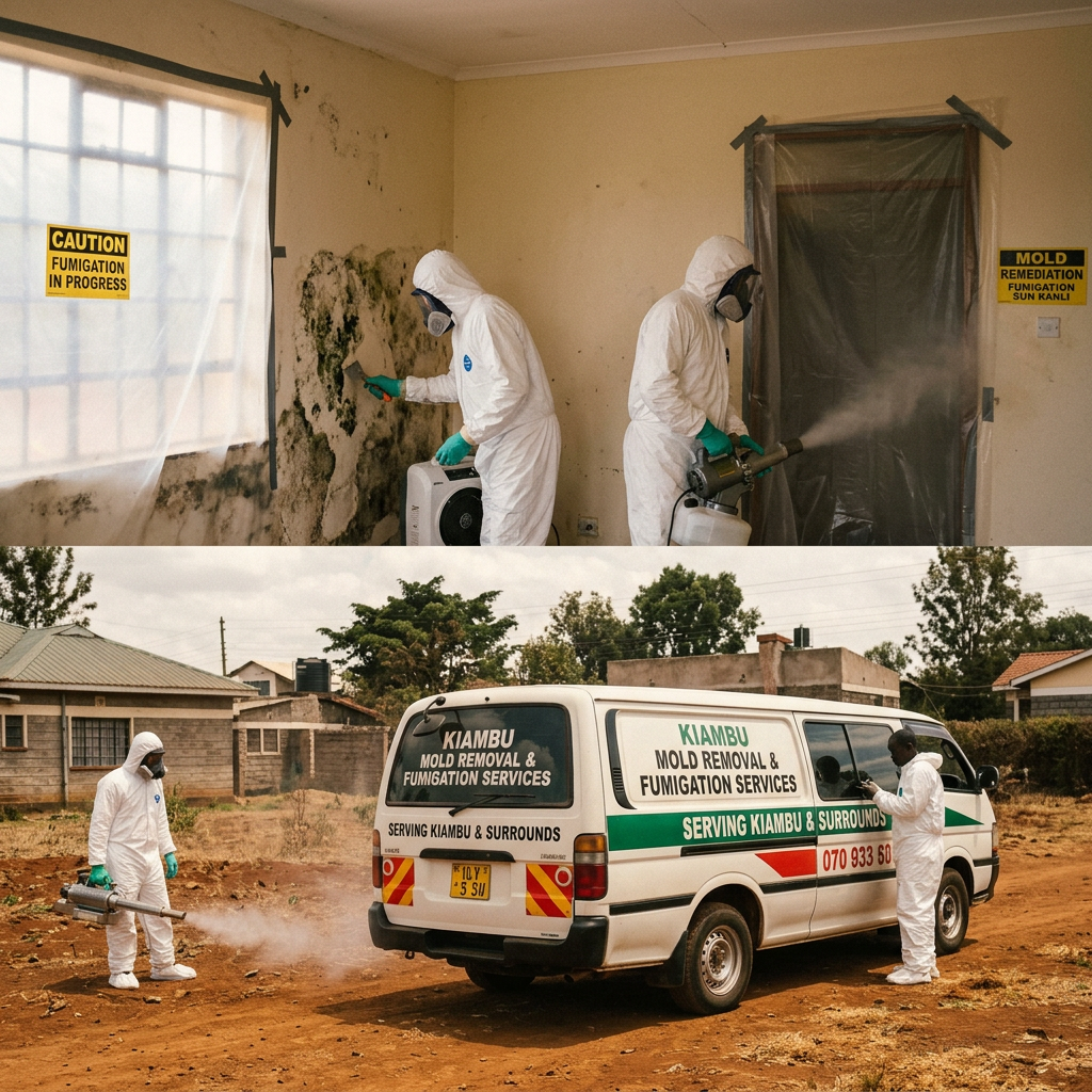 Technicians in protective suits fumigating mold indoors and spraying disinfectant around a vehicle outdoors